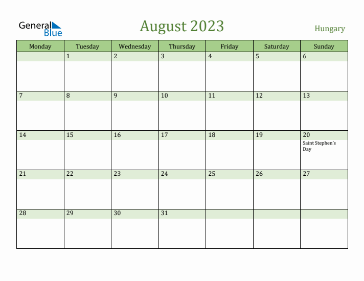 August 2023 Calendar with Hungary Holidays