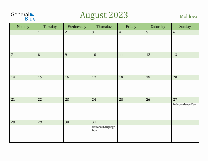 August 2023 Calendar with Moldova Holidays