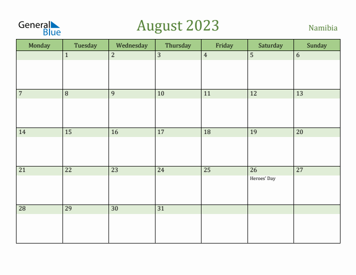 August 2023 Calendar with Namibia Holidays