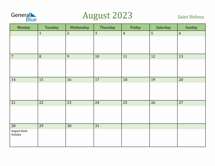 August 2023 Calendar with Saint Helena Holidays