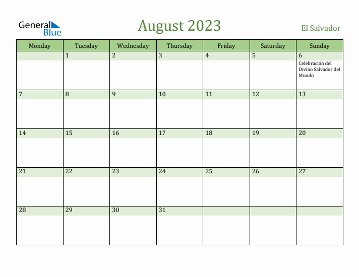 August 2023 Calendar with El Salvador Holidays