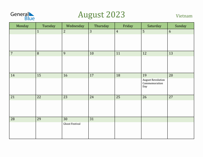 August 2023 Calendar with Vietnam Holidays