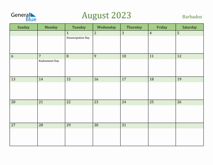 August 2023 Calendar with Barbados Holidays