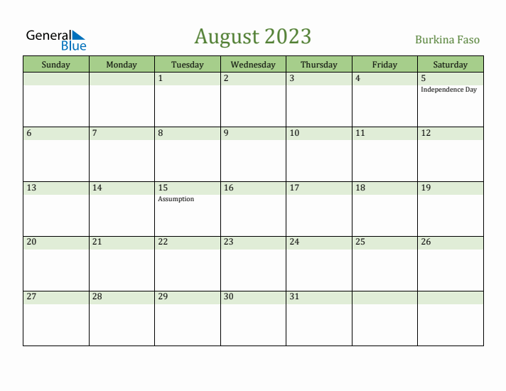 August 2023 Calendar with Burkina Faso Holidays