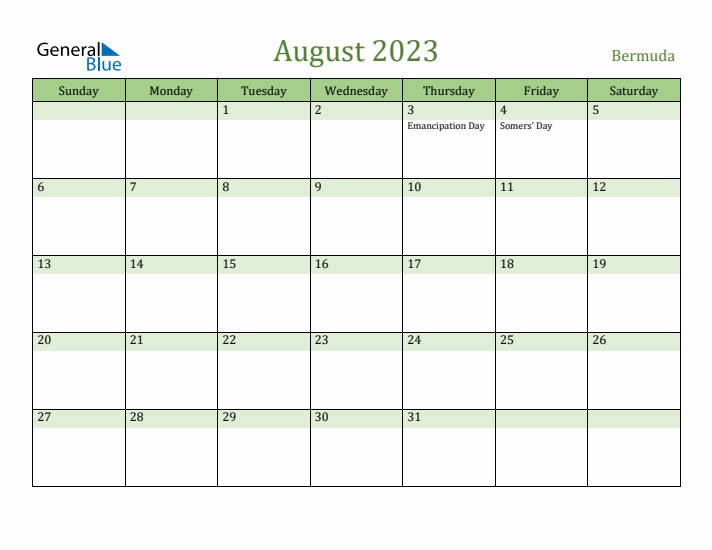 August 2023 Calendar with Bermuda Holidays