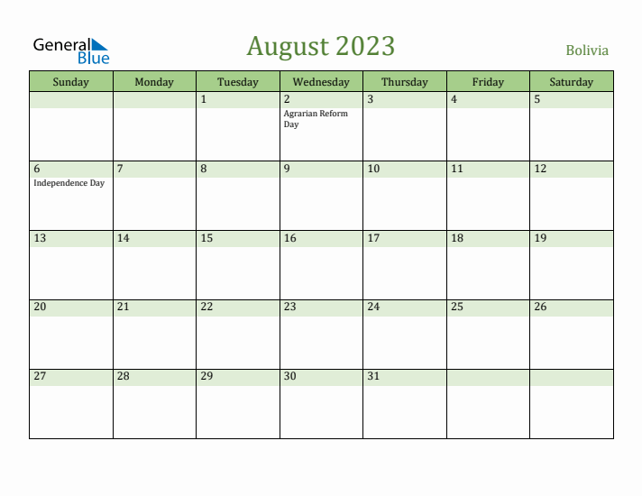 August 2023 Calendar with Bolivia Holidays