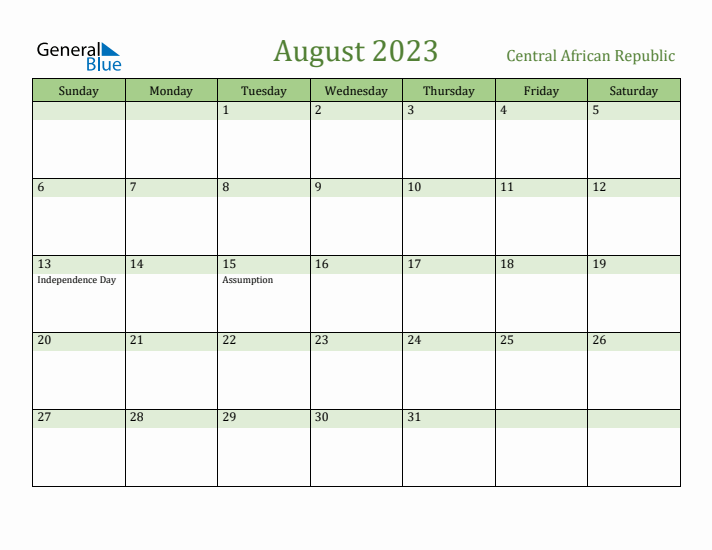 August 2023 Calendar with Central African Republic Holidays