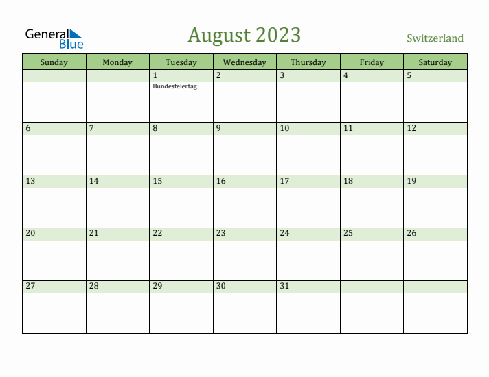 August 2023 Calendar with Switzerland Holidays