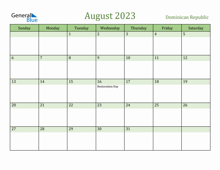 August 2023 Calendar with Dominican Republic Holidays