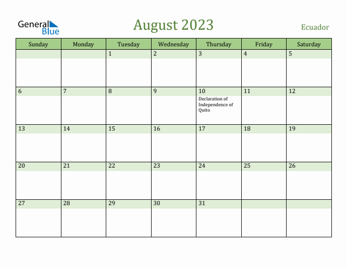 August 2023 Calendar with Ecuador Holidays