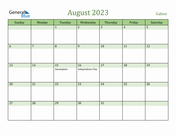 August 2023 Calendar with Gabon Holidays