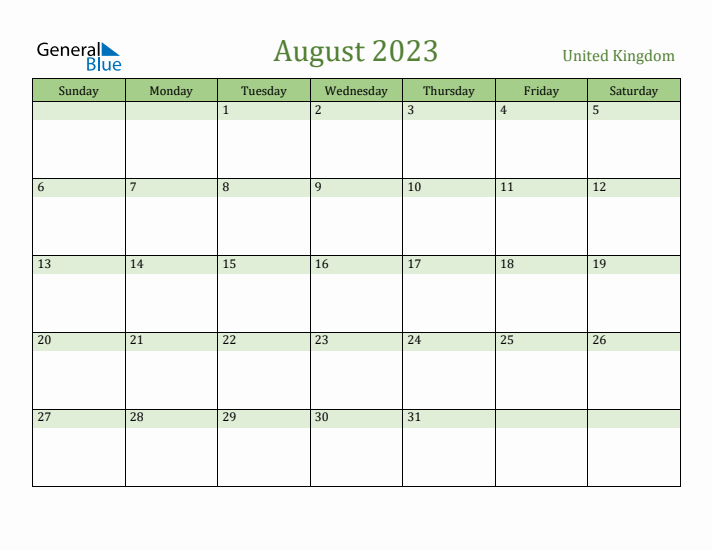 August 2023 Calendar with United Kingdom Holidays