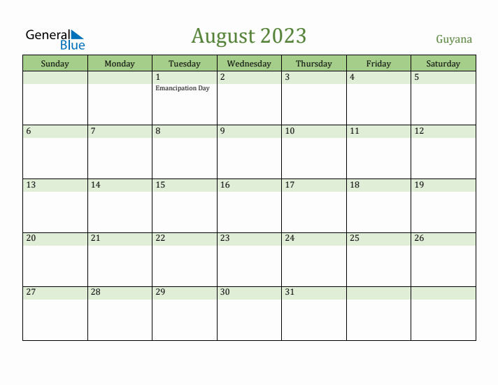 August 2023 Calendar with Guyana Holidays