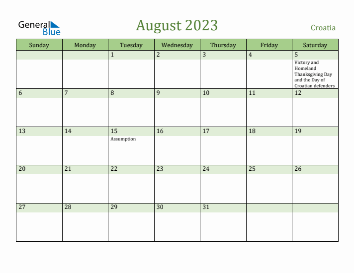 August 2023 Calendar with Croatia Holidays