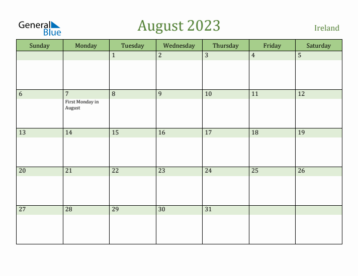 August 2023 Calendar with Ireland Holidays