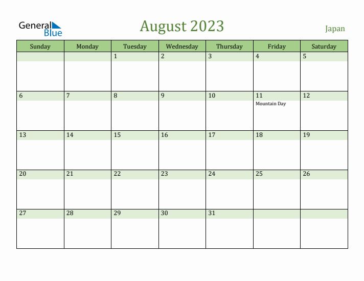 August 2023 Calendar with Japan Holidays