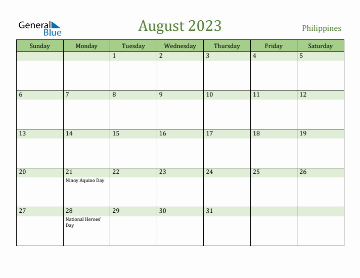 August 2023 Calendar with Philippines Holidays