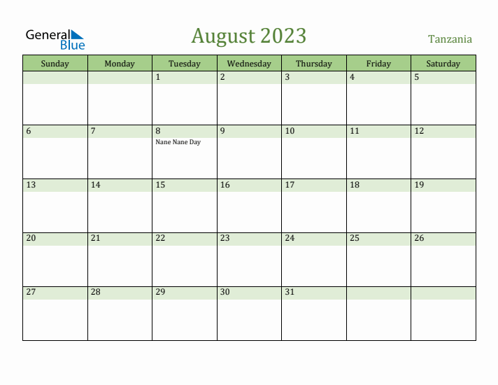 August 2023 Calendar with Tanzania Holidays