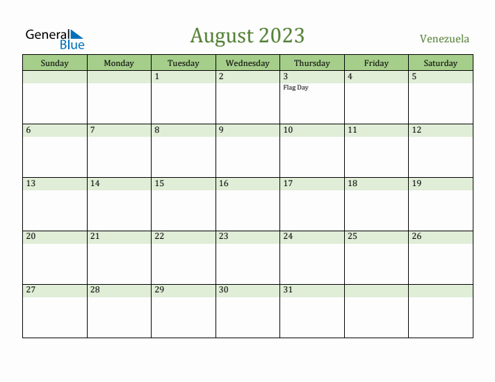 August 2023 Calendar with Venezuela Holidays