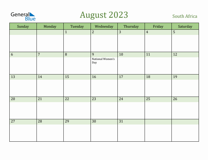 August 2023 Calendar with South Africa Holidays