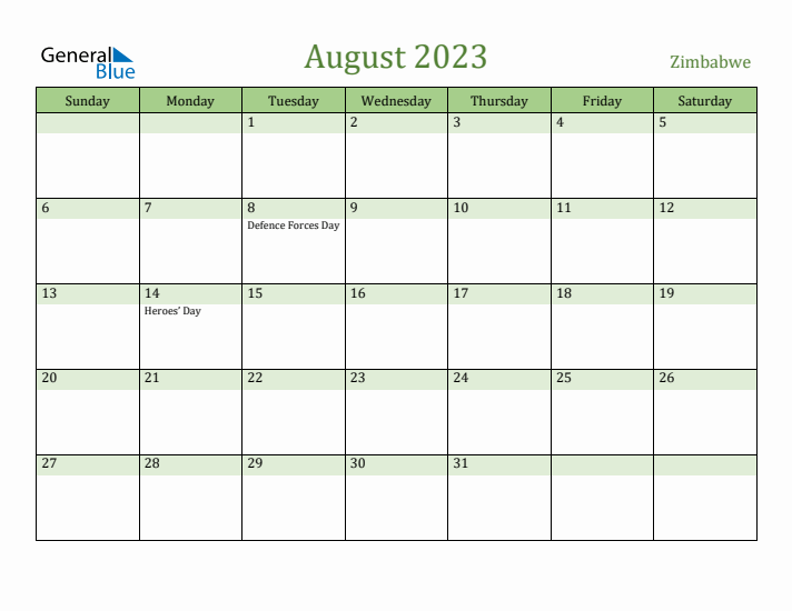 August 2023 Calendar with Zimbabwe Holidays