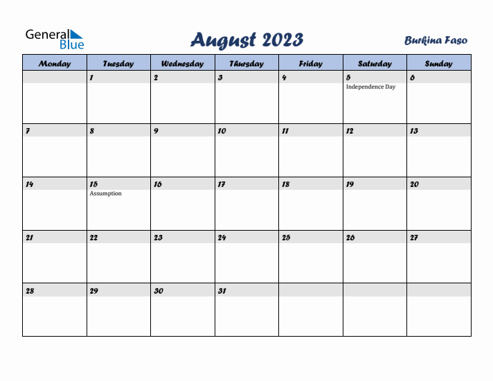 August 2023 Calendar with Holidays in Burkina Faso