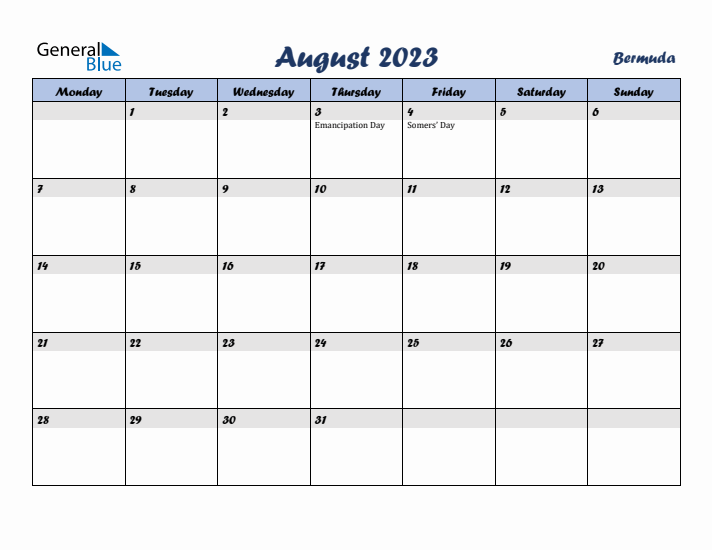 August 2023 Calendar with Holidays in Bermuda