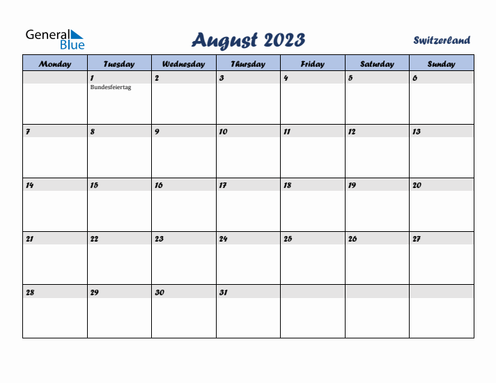 August 2023 Calendar with Holidays in Switzerland