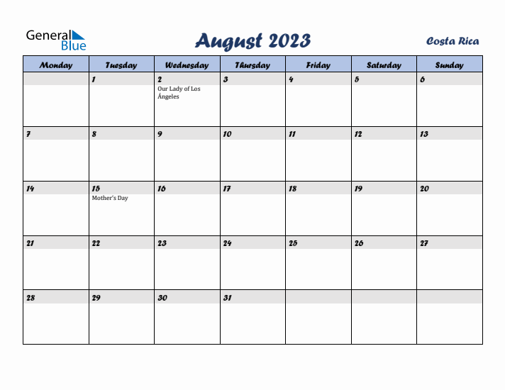 August 2023 Calendar with Holidays in Costa Rica