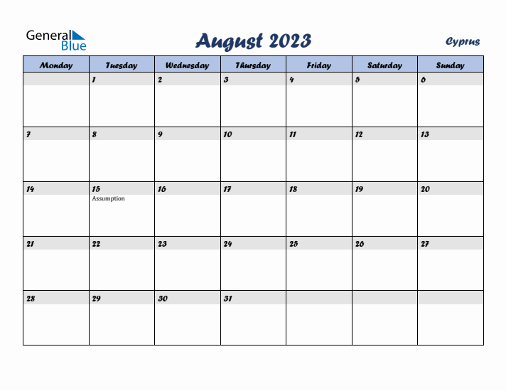 August 2023 Calendar with Holidays in Cyprus