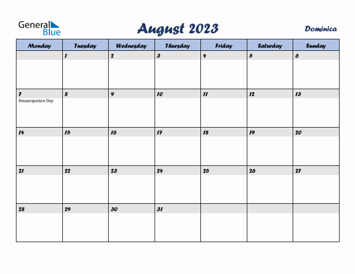 August 2023 Calendar with Holidays in Dominica