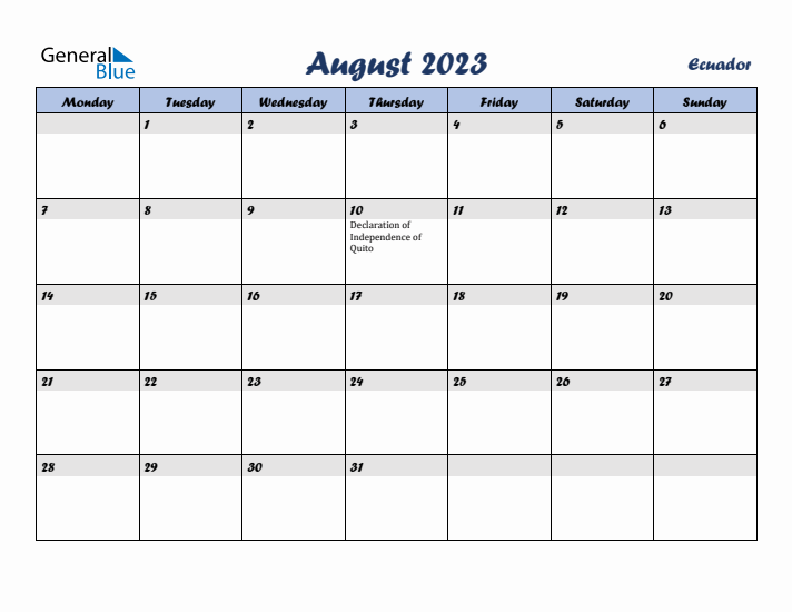 August 2023 Calendar with Holidays in Ecuador