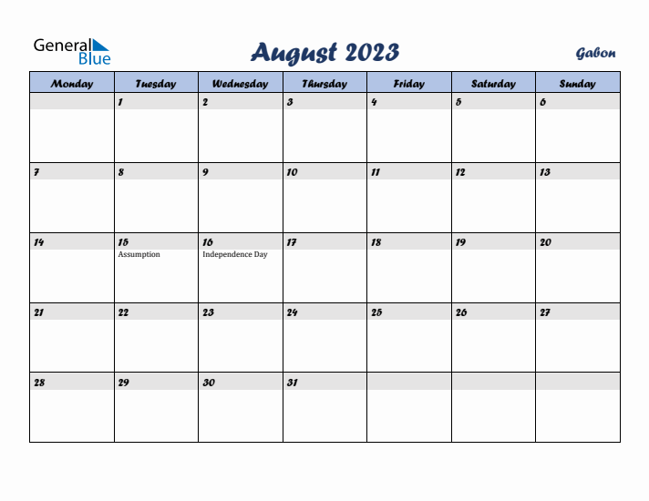 August 2023 Calendar with Holidays in Gabon