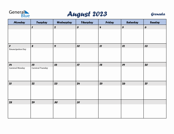 August 2023 Calendar with Holidays in Grenada