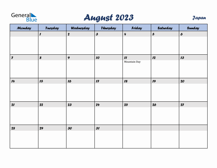 August 2023 Calendar with Holidays in Japan