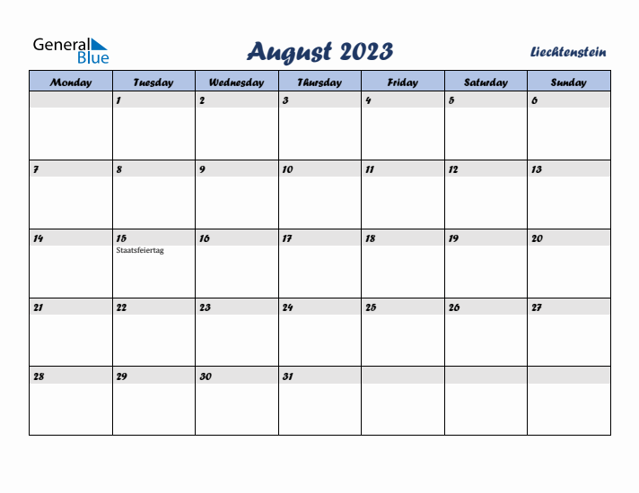 August 2023 Calendar with Holidays in Liechtenstein