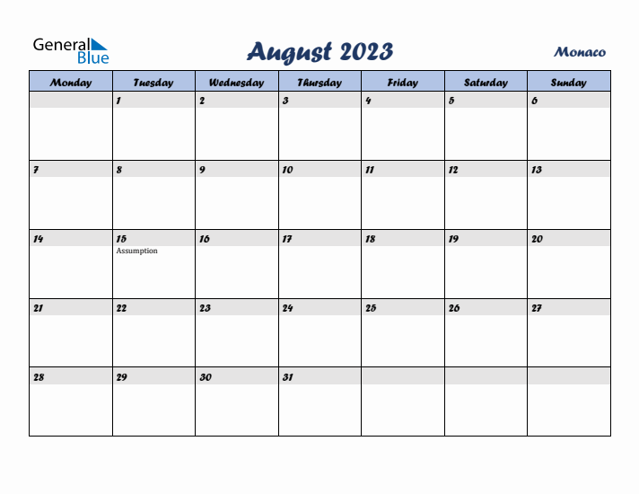 August 2023 Calendar with Holidays in Monaco