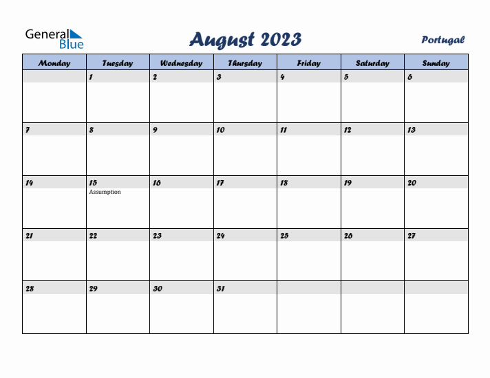 August 2023 Calendar with Holidays in Portugal