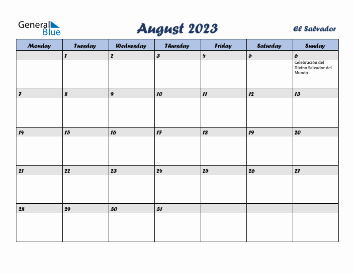 August 2023 Calendar with Holidays in El Salvador