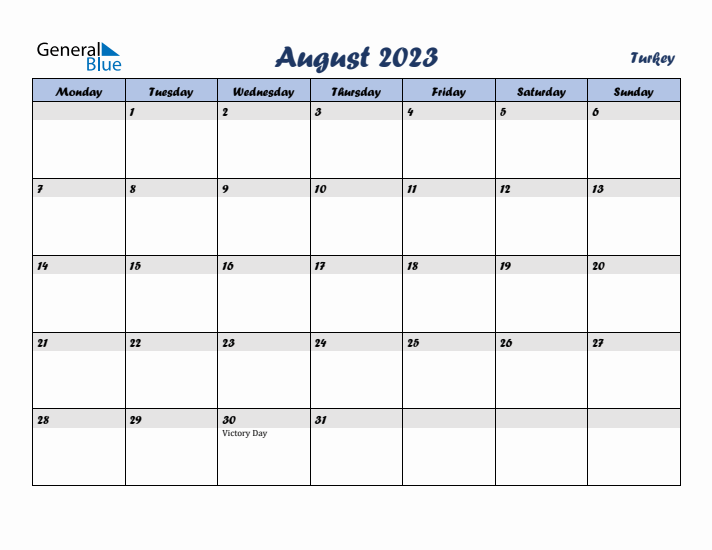 August 2023 Calendar with Holidays in Turkey