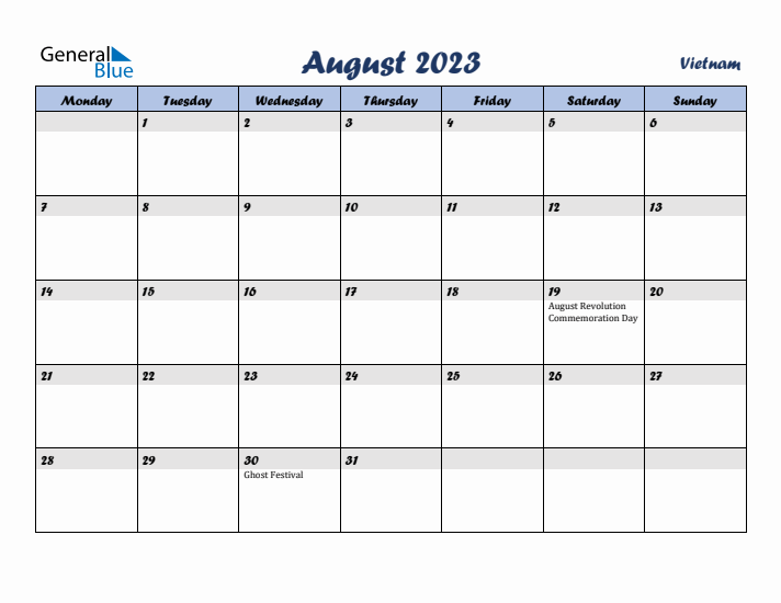 August 2023 Calendar with Holidays in Vietnam