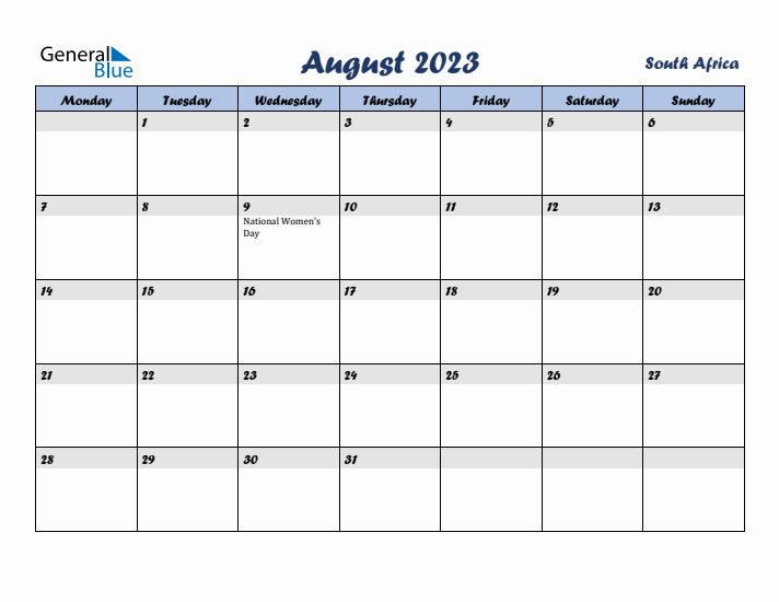 August 2023 Calendar with Holidays in South Africa