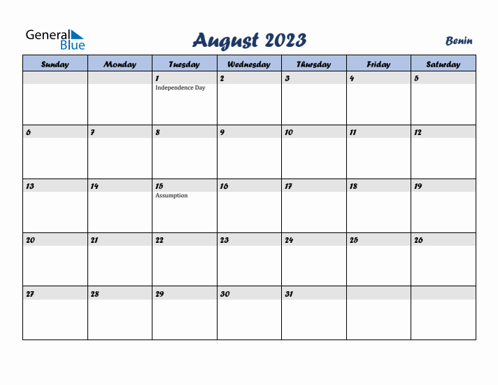 August 2023 Calendar with Holidays in Benin