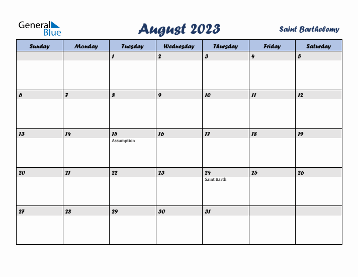 August 2023 Calendar with Holidays in Saint Barthelemy