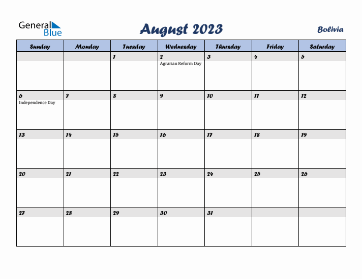 August 2023 Calendar with Holidays in Bolivia