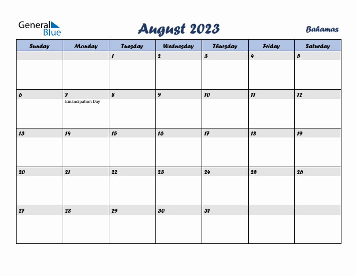 August 2023 Calendar with Holidays in Bahamas