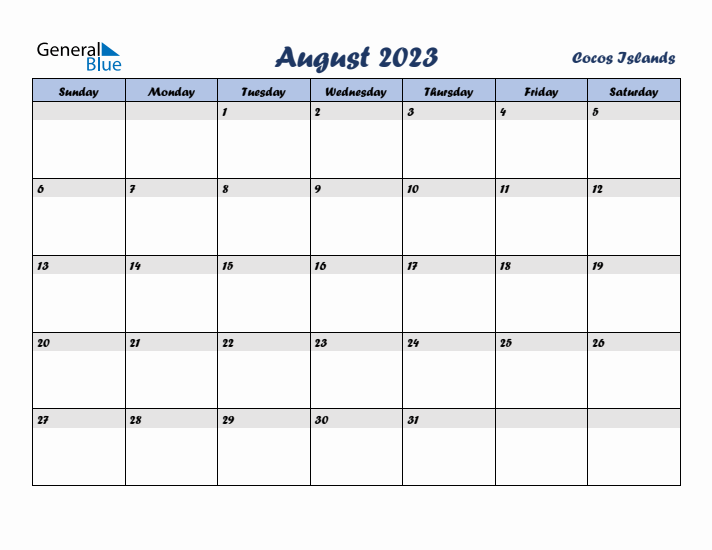 August 2023 Calendar with Holidays in Cocos Islands