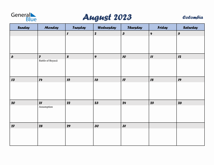 August 2023 Calendar with Holidays in Colombia