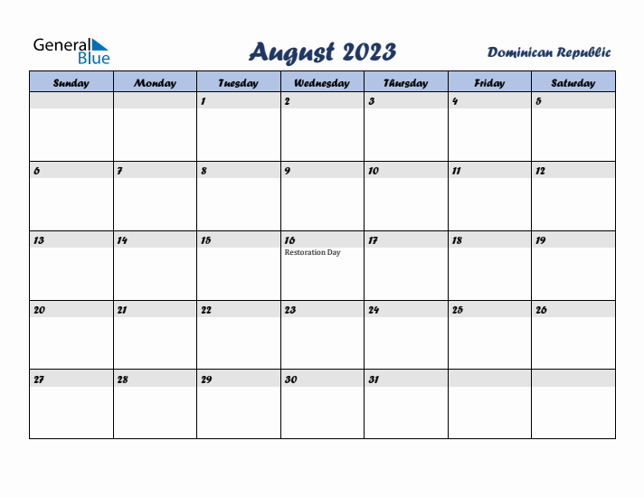 August 2023 Calendar with Holidays in Dominican Republic