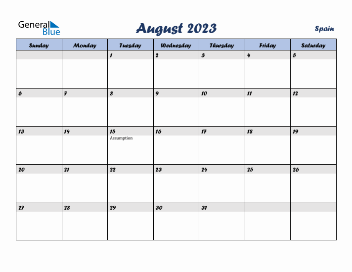 August 2023 Calendar with Holidays in Spain